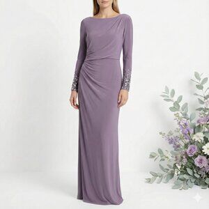 Vince Camuto Dusty Purple Ruched Gown with Embellished Cuffs
